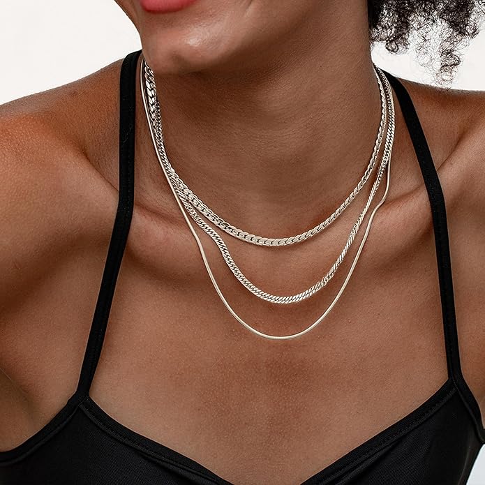 3PCS Gold Necklaces for Women,Chunky Statement Gold Plated Necklace Stack Layered Sterling Silver Herringbone Chains for Women Dainty Trendy Silver Chains Stacked Jewelry Gifts