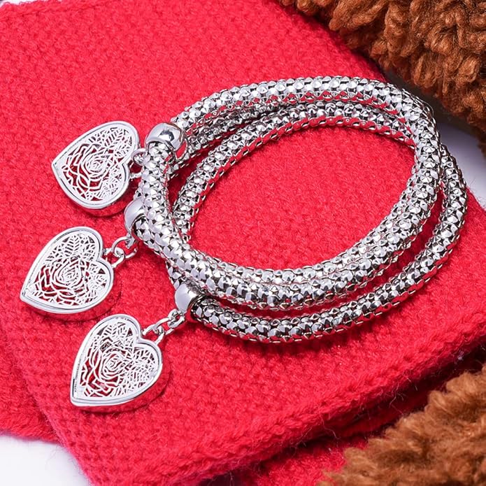 Crystal Charms Multilayer Bracelets - 3PCS Gold/Silver/Rose Gold Corn Chain Bracelet for Women, Tree of Life Heart Shaped Stretch Bracelet