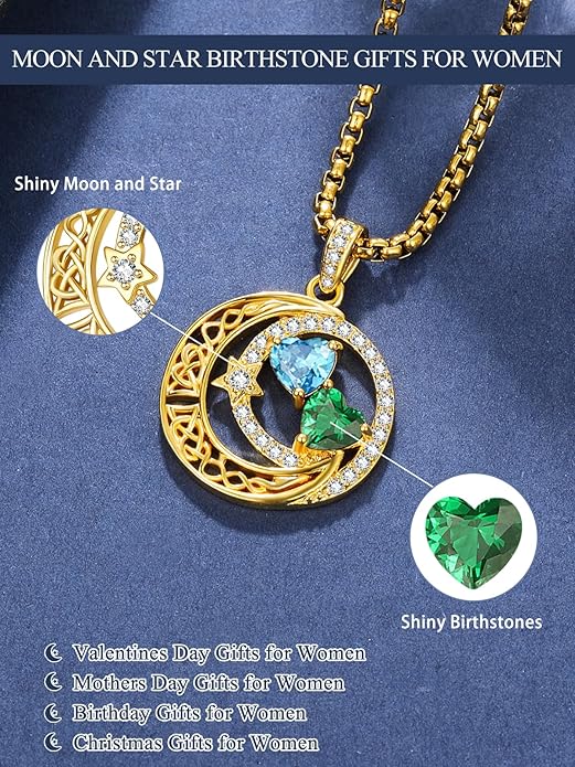 14K Gold Moon and Star Necklace Gifts for Women - Double Heart Birthstone Necklace, Valentines Wedding Anniversary Birthday Gifts for Her Wife Mom Daughter Grandma Sister