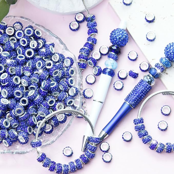 100Pcs Rhinestone Large Hole Beads Spacer Beads Dark Blue European Craft Big Beads Large Hole Rhinestones Lampwork Murano Bead Fairy Wand Garden Beads for DIY Bracelet Necklace Jewelry Making Supplies