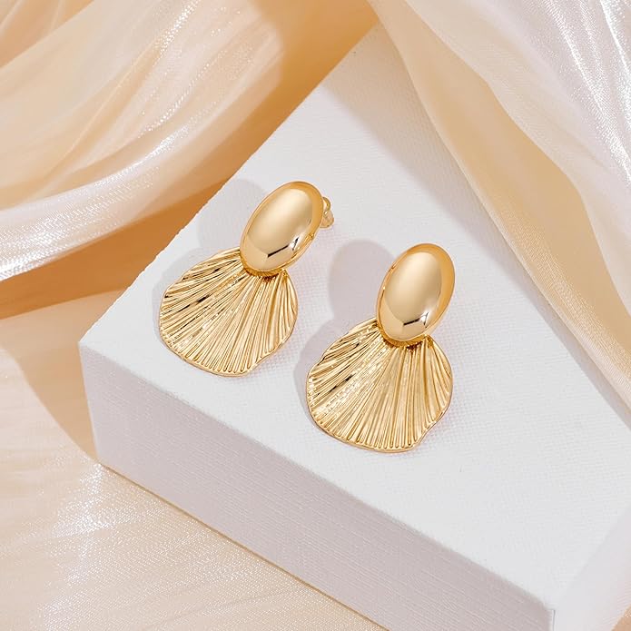 Gold Plated Earrings Dangle Chunky Fan-shaped Earrings Shell Earring for Women Two-Tone Fashion Statement Jewelry