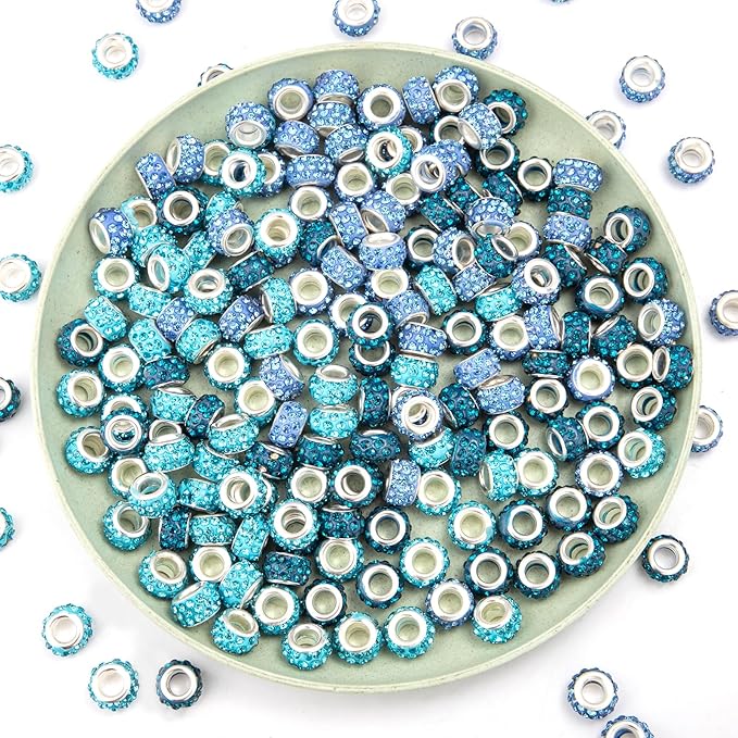 200 Piece Zyehxed Blue European Craft Beads - Large Hole Rhinestone Lampwork Fairy Garden Beads for DIY Charms Bracelet Necklace Earring Jewelry Making