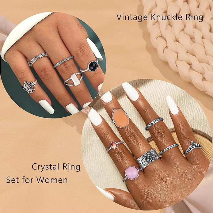 Subiceto 70 Pcs Vintage Crystal Ring Set Knuckle Rings for Women Bohemian Stackable Joint Rings Retro Boho Stacking Joint Finger Rings Pack