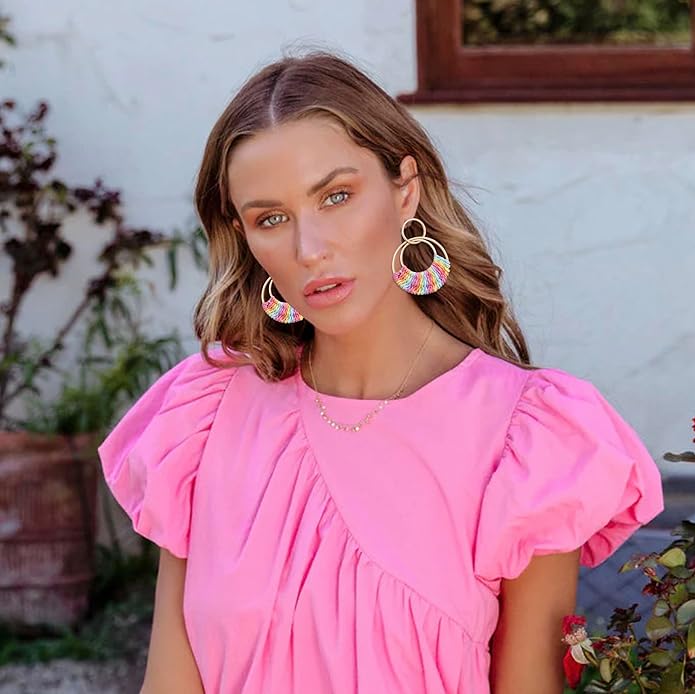Raffia Hoop Earrings for Women Fun Boho Summer Beach Earrings Lightweight Handmade Straw Wicker Rattan Dangle Earrings Statement Geometric Round Drop Earrings