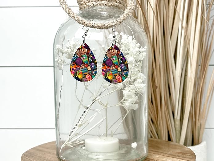 Teardrop Wood Earrings Light Weight Printed Image Dangle Jewelry, Fun and Funky