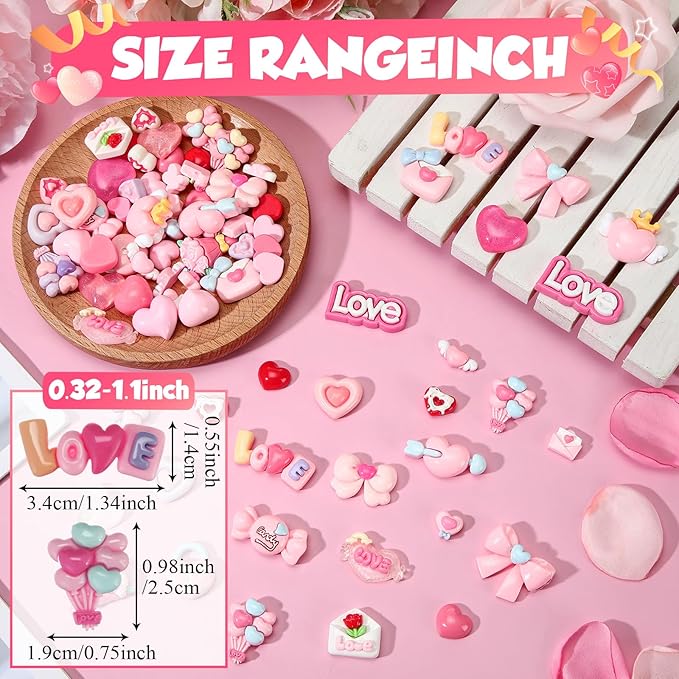 Giegxin 40 Pcs Pink Valentine's Day Resin Charm Love Heart Roses Bow Balloons Flatback Cabochon Accessories Cute Embellishment Bulk for Jewelry Cellphone Case Scrapbooking DIY