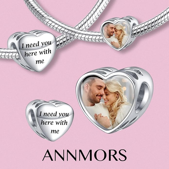 Annmors Personalized Photo Charms For Bracelets/Necklace 925 Sterling Silver Love Heart Shaped Engraved Customize Picture Gift for Birthday Mother's Day,Bead Charms Jewelry for Women