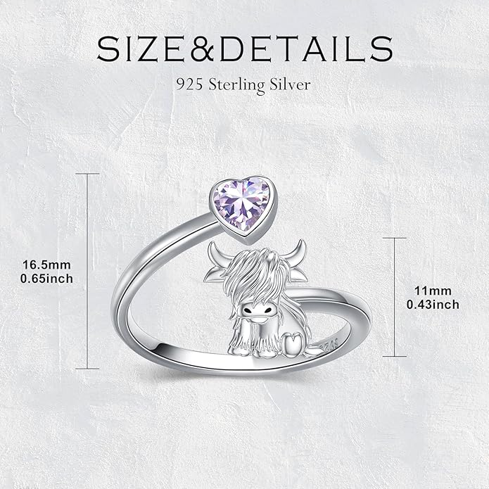 Highland Cow Ring 925 Sterling Silver Adjustable Ring Birthstone Ring Engraved Name Highland Cow Gifts Jewelry for Women