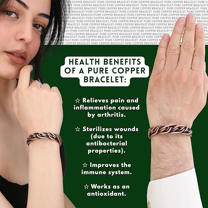 Handmade Elegant Copper Bracelet for Women and Men-Pure Copper Bracelet for Pain Relief and Stress Relief-Adjustable, Thickest, Twisted Copper Wire Bracelet to Fit many Size Wrist(folded)