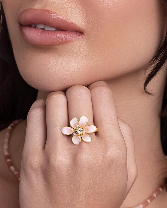 Gold Rose Pink Enamel Floral CZ FULLY ADJUSTABLE Statement Open Ring for Women by SNGIA, Daisy Orchid Flower Leaf Summer Beach Handmade Unique Pinky Band, Chunky Sunflower Stackable Cute Cuff Cocktail Ring Birthday Gift, Natural Bold Exaggerated Irregu...