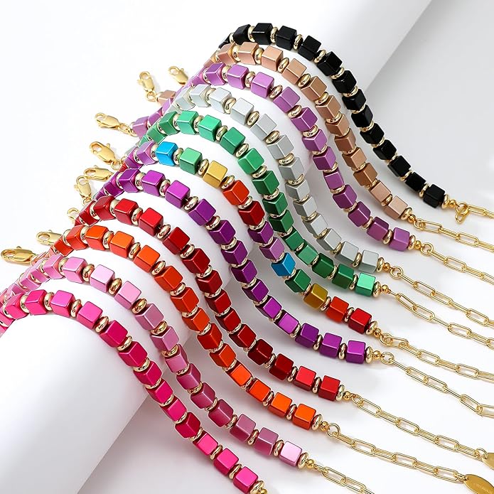 Beaded Bracelet for Women and Girl, Colorful Beach Boho Gems Bracelet 14K Gold Plated Stackable Handmade Bohemian Multicolor Natural Stone Bracelet