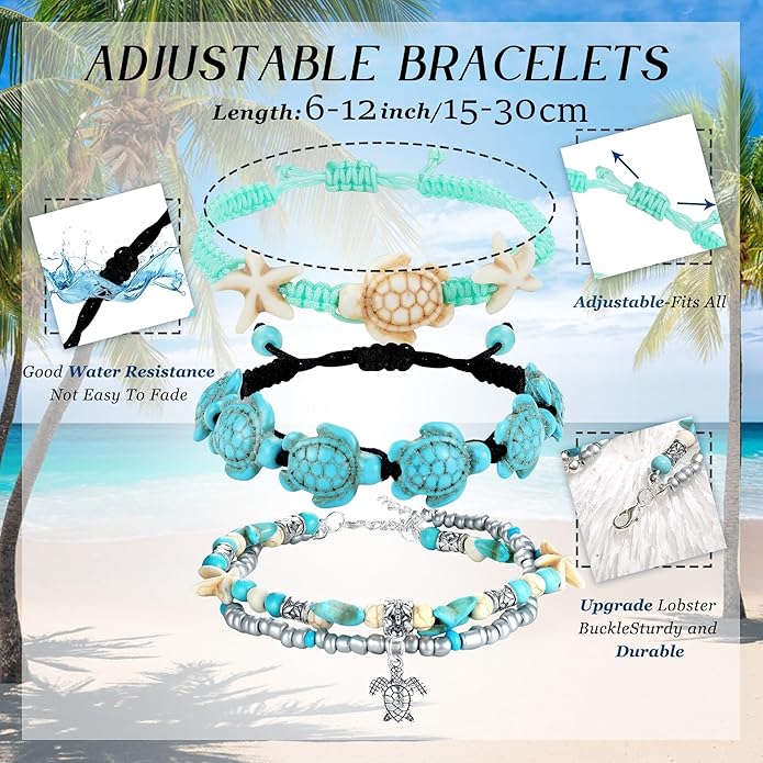 FASACCO 10 PCS Turtle Ankle Bracelets for Women Waterproof Handmade Starfish Sea Turtle Bracelet Adjustable Boho Summer Beach Bracelets for Women Men Bahamas Souvenirs