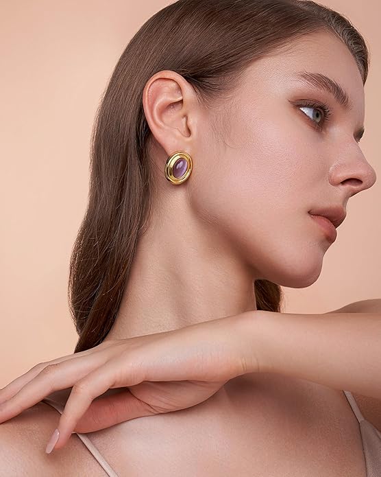 18K gold plated Medium Oval Button Chunky Statement Earrings for Women by SNGIA, (Turquoise, Carnelian, Aventurine, Amethyst, Malachite, Cat Eye, White, Cream) Bold Handmade Colored (Red, Blue, Green, White, Cream, Purple) Exaggerated Dome Retro Rounde...