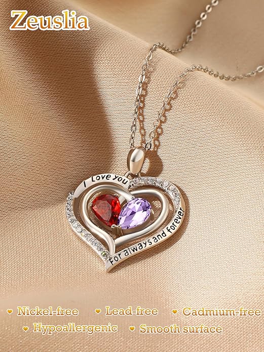 Valentine's Day Gifts for Wife 925 Sterling Silver Double Birthstone Pendant Necklaces I Love You for Always and Forever Necklace Anniversary Birthday Gifts for Wife Girlfriend Mom Her