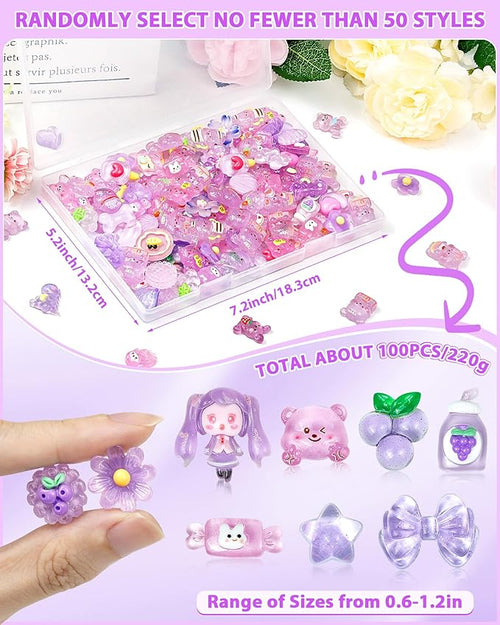 100PCS FIVEIZERO Cute Slime Charms Bulk Set – Kawaii Flatback Resin Charms for Crafts, Mini Decoden Acrylic Embellishments for Phone Junk Cases, Scrapbooking & DIY Decoration (Purple)