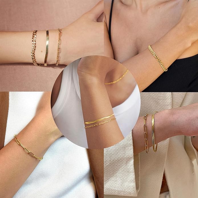 Gold Bracelets Set for Women Stack, Dainty Thick Bracelets Stack for Women Trendy, Simple Thin Gold Plated Cuff Stackable Bracelets With Beaded Cuban Paperclip Snake Rope Bangle Hand Chain Jewelry Gifts for Women Non Tainish