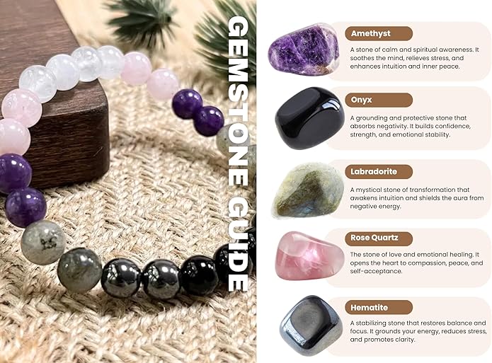 Valentines Days Gift Empath Protection Beaded Crystal Bracelet – Natural Stone Jewelry with Onyx, Amethyst, Labradorite, Rose Quartz & White Jade Easter Basket Christmas Baptism Birthday Healing Gifts