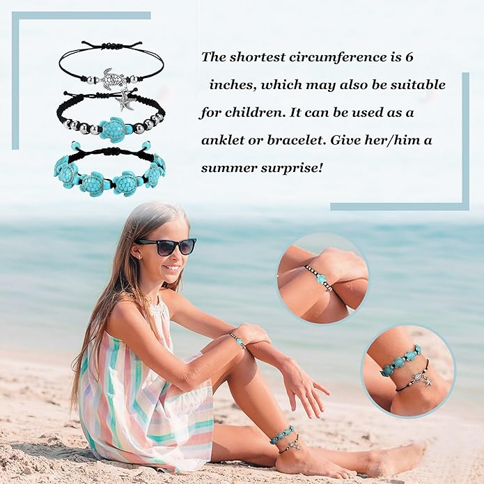 FASACCO 10 PCS Turtle Ankle Bracelets for Women Waterproof Handmade Starfish Sea Turtle Bracelet Adjustable Boho Summer Beach Bracelets for Women Men Bahamas Souvenirs