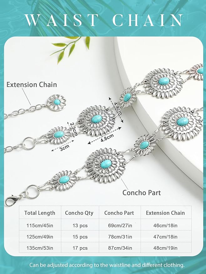 FIORETTO Metal Waist Chain Link Belt for Women Western Cowgirl Boho Turquoise Belts for Dress Jeans Country Concert Outfit