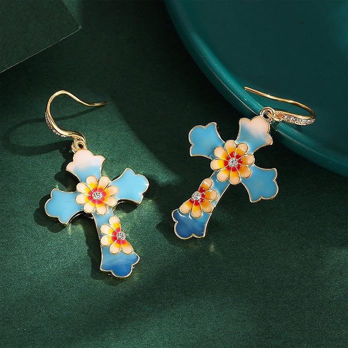 Flower Cross Dangle Earrings for Women, Gold Enamel Hypoallergenic Jewelry