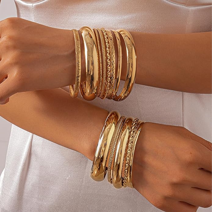 YEEZII Gold Bangle Bracelets for Women, 7Pcs 14K Gold Plated Boho Indian Multi Stackable Textured Bracelets, Chunky Bangles Set for Women Jewelry Gifts