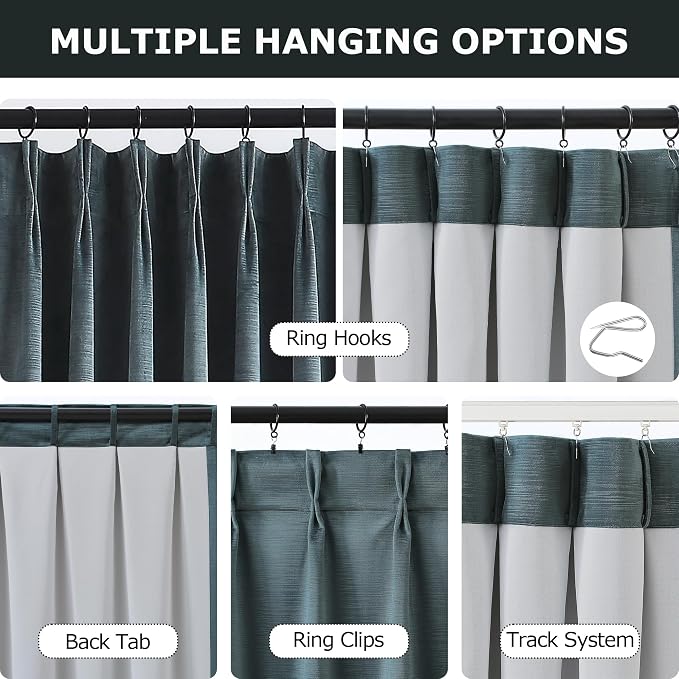 Vision Home Storm Blue Velvet Pinch Pleated Blackout Curtains 40Wx108L Inch | 2 - Image 3