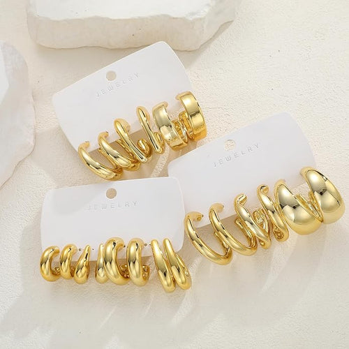 12 Pairs Chunky Gold Hoop Earrings for Women Trendy, Gold Plated Lightweight Hypoallergenic Stack, Thick Open Twisted Huggie Hoops Earring Set