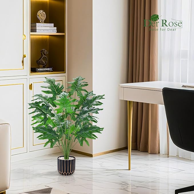 Der Rose 28" Artificial Plants Indoor, Philodendron Plant in Black Gold Pot | - Image 2