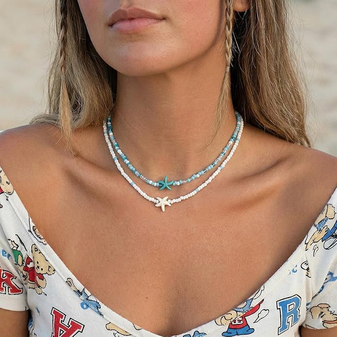 Women's Shell Starfish Boho Layered Beaded Necklace Choker for Summer Beach Vacation Gifts for Birthday/Anniversary/Christmas