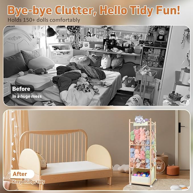 Stuffed Animal Storage with Tiny Toys Tray, Wood Stuffed Animal Zoo Storage with Brake Wheels, Space-Saving Plushie Playhouse for Nursery, Playroom, Kids Bedroom- Easy Assembly