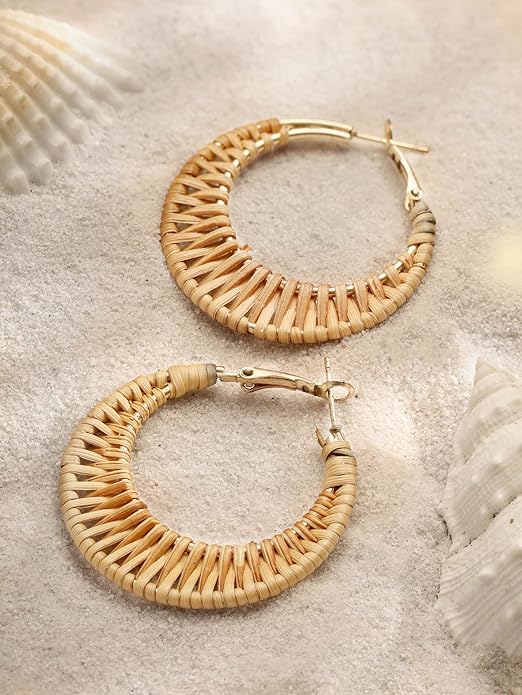 MINACHI Boho Handwoven Rattan Hoop Earrings, Bohemian Summer Beach Statement Jewelry Gift for Women (2)