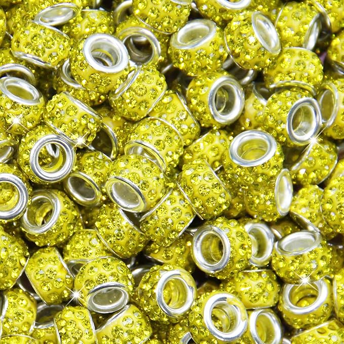 100Pcs Rhinestone Large Hole Beads Spacer Beads Yellow European Craft Big Beads Large Hole Rhinestones Lampwork Murano Bead Fairy Wand Garden Beads for DIY Bracelet Necklace Jewelry Making Supplies