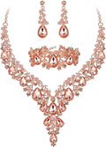 BriLove Women's Wedding Bridal Austrian Crystal Teardrop Flower Cluster Statement Necklace Dangle Earrings Jewelry Set for Party Prom