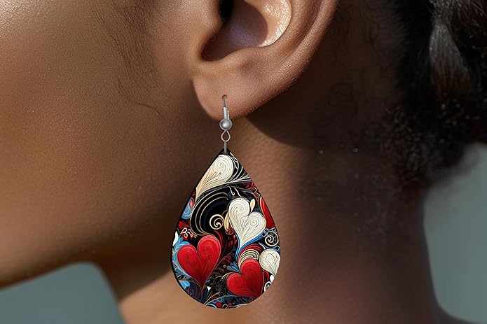 Teardrop Wood Earrings Light Weight Printed Image Dangle Jewelry, Fun and Funky