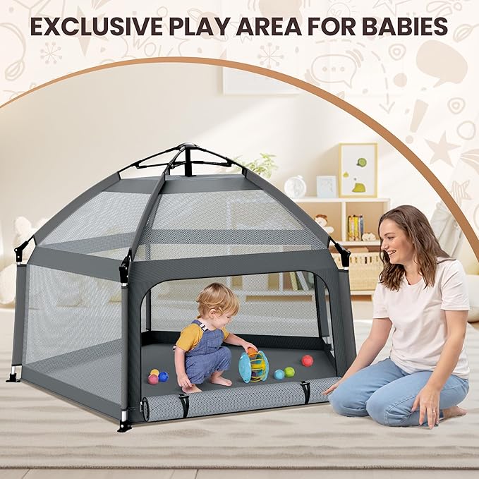 Baby Playpen with Self-Inflating Play Mat & Travel Bag, Portable Outdoor Playpen for Babies and Toddlers, Foldable Pop Up Play Tent for Home, Park, Beach and Camping (Grey)