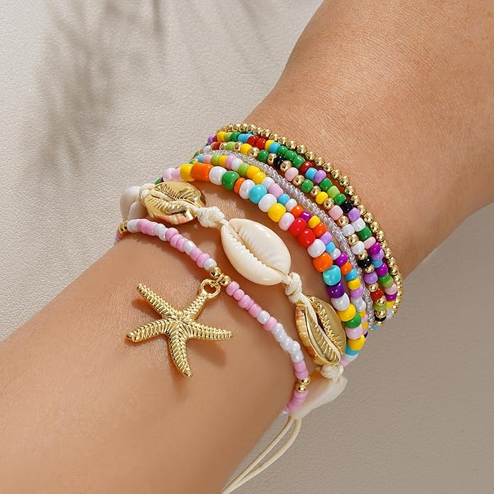 Shell Bracelet Seashell Boho Beaded Stretch Bracelets for Women Summer Beach Bracelets Starfish Charm Bracelet Stackable Gold Plated Bracelets Set for Women