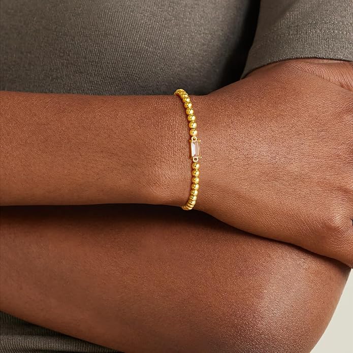 Yoosteel Valentines Gifts for Her Kids Girls - Valentines Day Bracelets Dainty Birthstone Bracelet for Women Elastic 14K-Gold-Plated Bead Bracelets Trendy Friendship Birthday Jewelry Gift for Teenage Girl Women