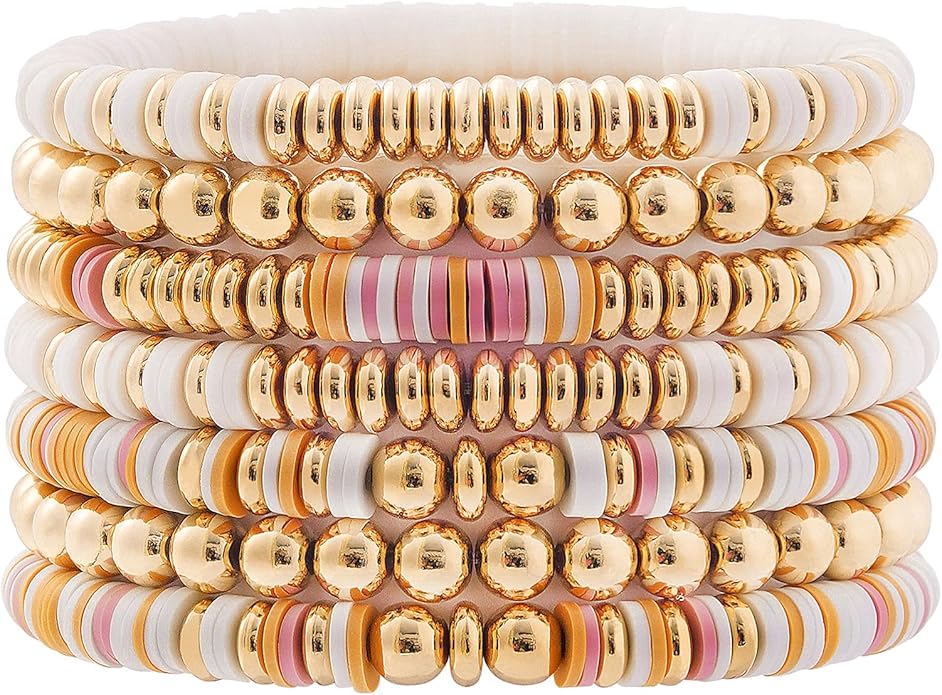 GOOJIDS Surfer Heishi Clay Bead Bracelets for Women Bohemian Stackable Gold Plated Beaded Stretch Bracelets Elastic Layering Friendship Bracelets Set Boho Jewelry