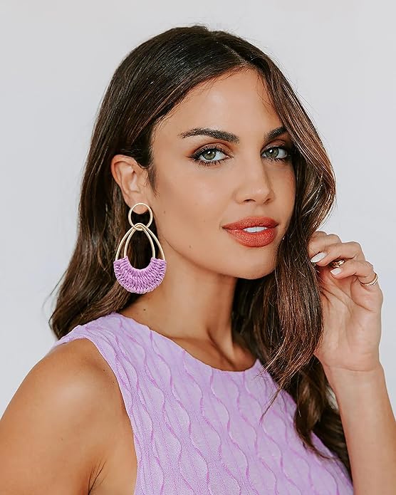 Raffia Hoop Earrings for Women Fun Boho Summer Beach Earrings Lightweight Handmade Straw Wicker Rattan Dangle Earrings Statement Geometric Round Drop Earrings