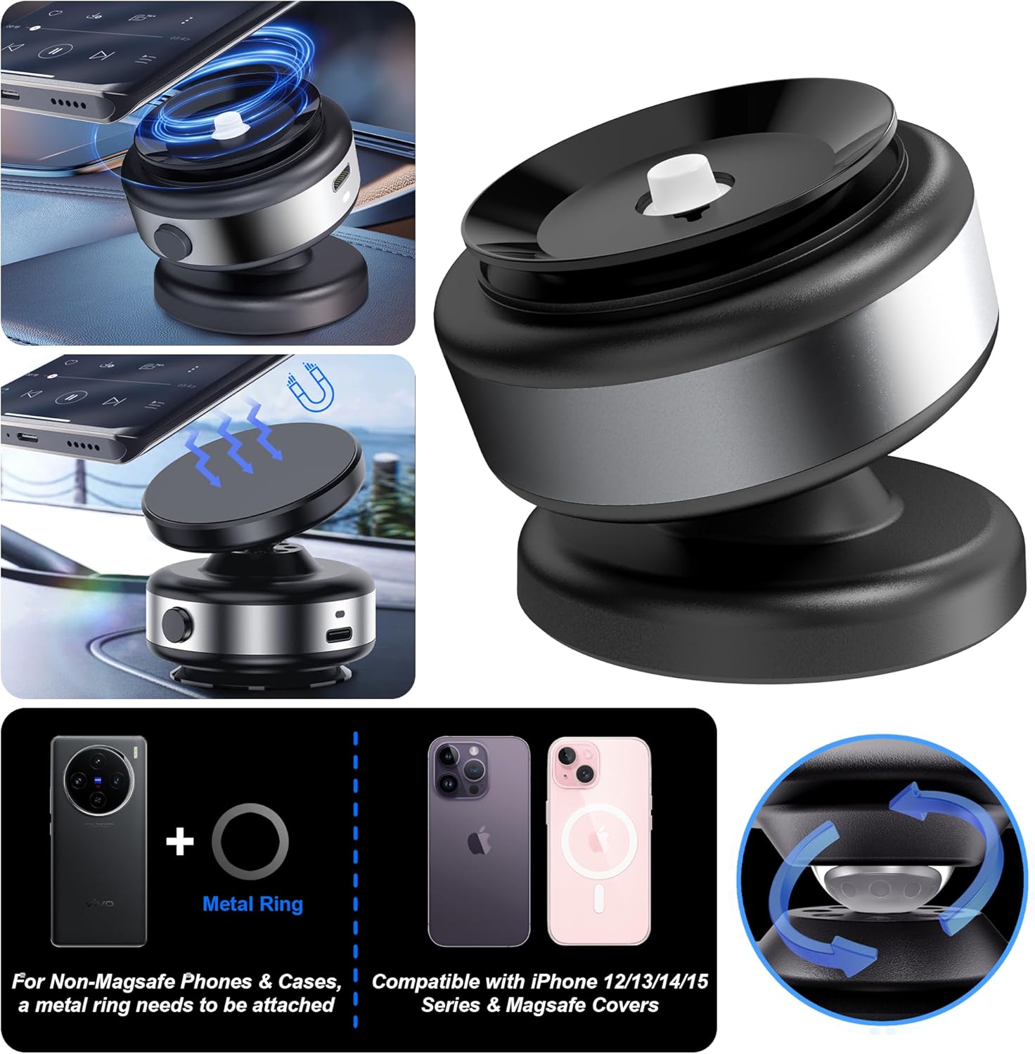 Fostex Vacuum Magnetic Phone Holder Magnet,360 Adjustable Rotatable Magnetic Mount,Electric Vacuum Magnetic Phone Holder,Hands-Free Phone Holders for Your Car iPhone 16/15/14/13/12