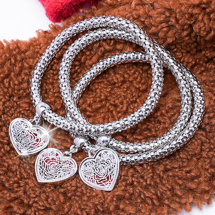 Crystal Charms Multilayer Bracelets - 3PCS Gold/Silver/Rose Gold Corn Chain Bracelet for Women, Tree of Life Heart Shaped Stretch Bracelet