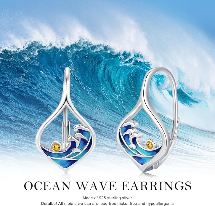 Ocean Wave Earrings 925 Sterling Silver Beach Leverback Earrings for Women Beach Jewelry Gifts for Women