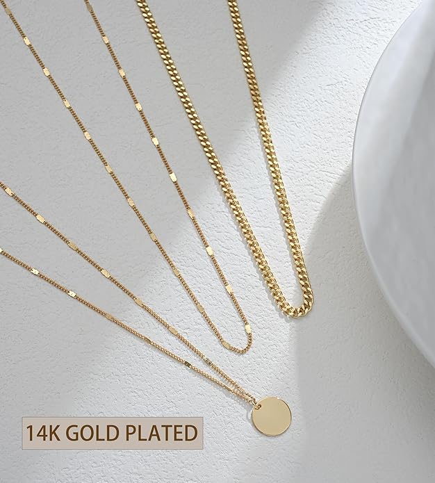 YEEZII Layered Gold Necklaces for Women Trendy, 3 Pcs 14K Gold Plated Choker Paperclip Box Chain Necklace, Stackable Women's Gold Pendant Necklaces Jewelry Set