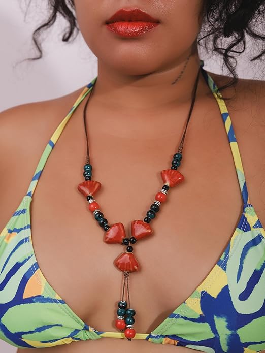 MINACHI Vintage Bohemian Ethnic Colorful Ceramic Bead Long Y Necklace, Hippie Boho Summer Fashion Jewelry Gift for Women