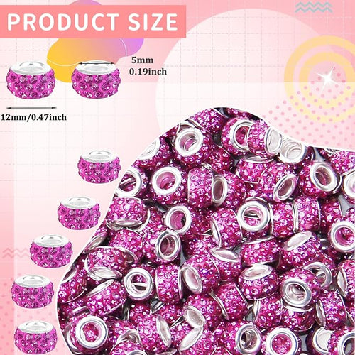100Pcs Rhinestone Large Hole Beads Spacer Beads Rose Red European Craft Big Beads Large Hole Rhinestones Lampwork Murano Bead Fairy Wand Garden Beads for DIY Bracelet Necklace Jewelry Making Supplies