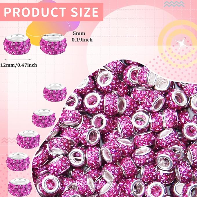 150Pcs Rhinestone Large Hole Beads Spacer Beads Rose Red European Craft Big Beads Large Hole Rhinestones Lampwork Murano Bead Fairy Wand Garden Beads for DIY Bracelet Necklace Jewelry Making Supplies