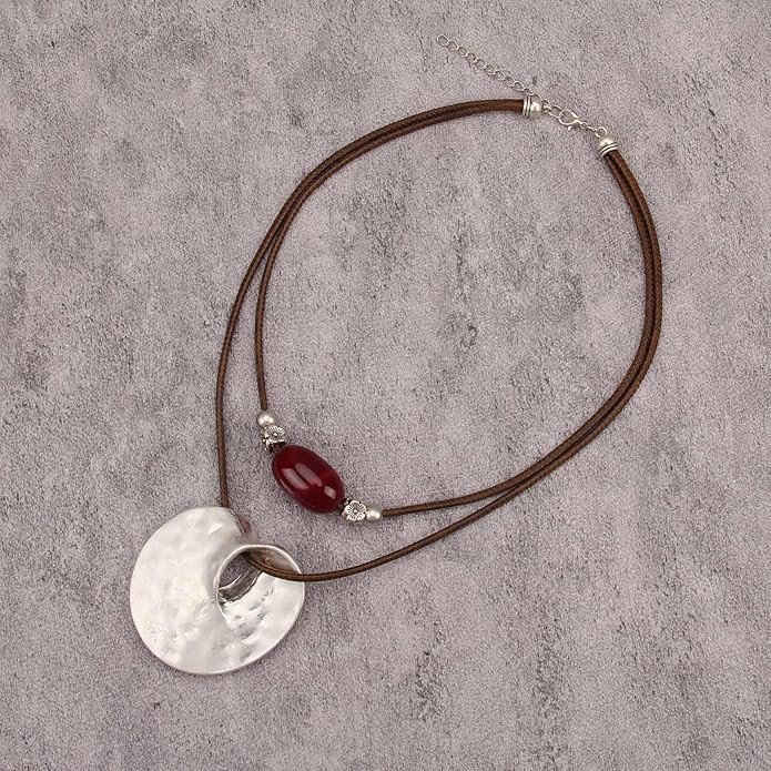 Boho Necklaces for Women Chunky Circle Necklace Layered Boho Circle Leather Choker Necklace Long Vintage Necklaces Bohemian Jewlery Gifts