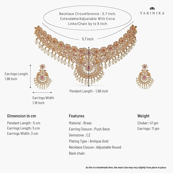 TARINIKA Brass Indian Choker Necklace Set - Gold Plated Cubic Zirconia Indian Jewelry Sets for Women Dangle, Drop, Jhumka Earrings Traditional Desi Necklace Pearls Gift for her