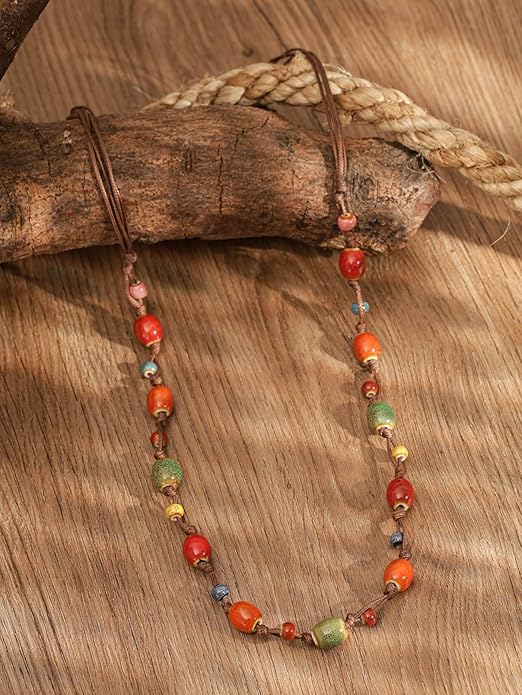 MINACHI Hippie Bohemian Colorful Ceramic Bead Long Strand Necklace, Boho Hippie Beach Summer Statement Jewelry Gift for Women