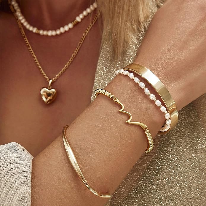 Gold Bracelets for Women 14K Gold Beaded Bracelets Stackable Bracelets for Women Gold Charm Bracelet Non Tarnish Gold Jewelry for Women Trendy